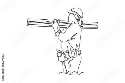 Single one line drawing side view of female worker or carpenter woman carrying wood board on shoulder. Home construction and renovation concept. Continuous line draw design graphic vector illustration