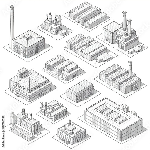 Isometric Factory & Industrial Building Line Art Set