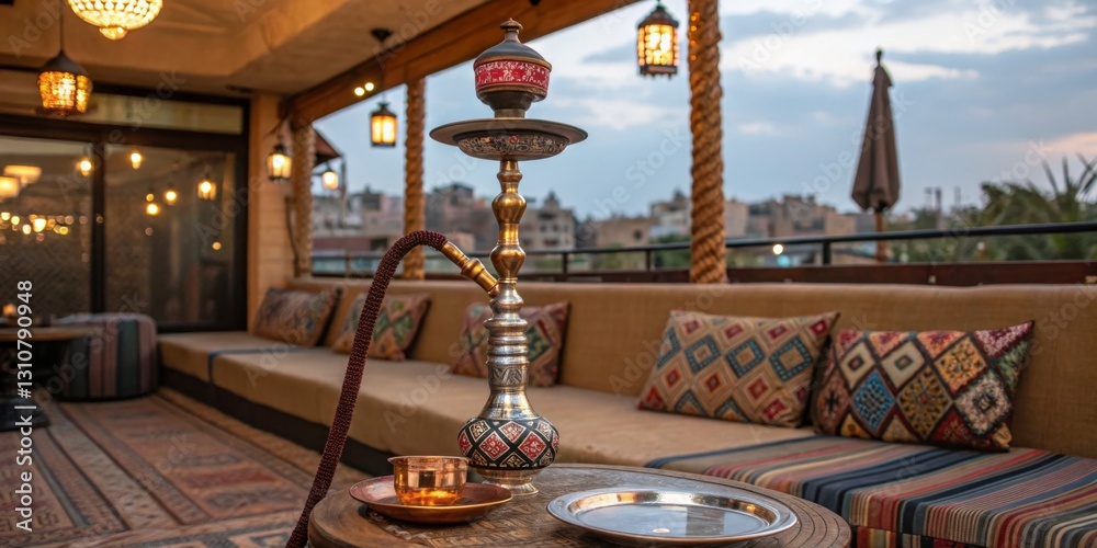 Enjoying traditional hookah in a cozy rooftop lounge at sunset in a vibrant city