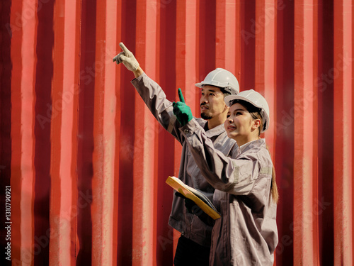 Team Engineer examining goods in Container cargo .