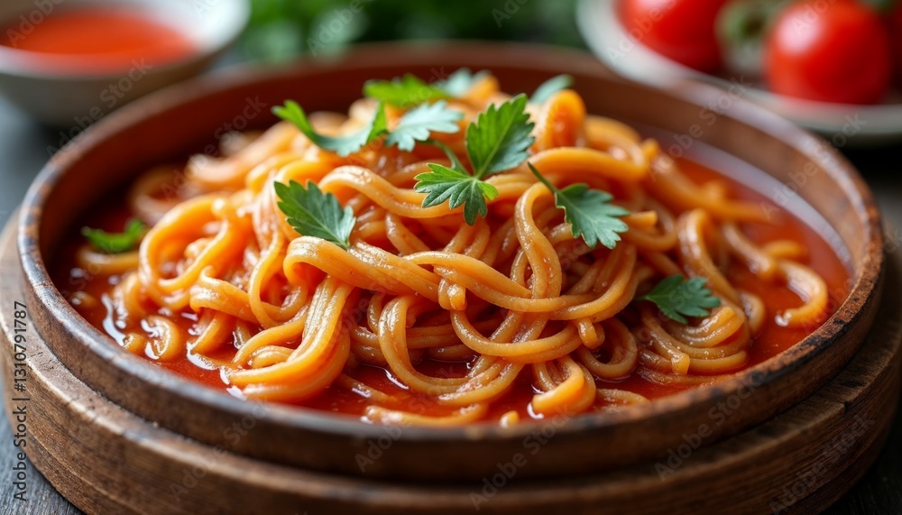 Captivating closeup of spaghetti in a rich tomato sauce with fresh parsley Captivating closeup of spaghetti in a rich tomato sauce with fresh parsley