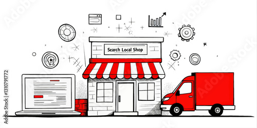 Local Shop Delivery, Computer, Red Van Concept