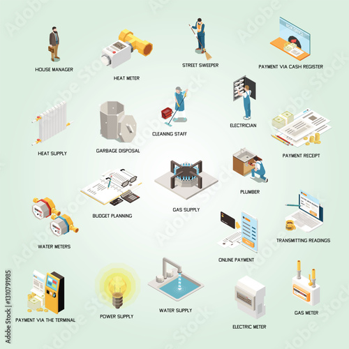 Utility expences isometric icons set with bills and payments isolated vector illustration