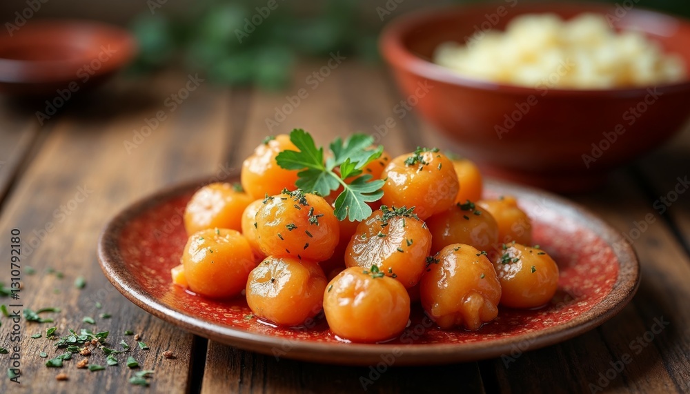 Close-up view of glazed peeled potatoes with herbs on a rustic plate Close-up view of glazed peeled potatoes with herbs on a rustic plate