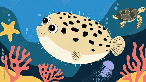 Flat cartoon pufferfish illustration