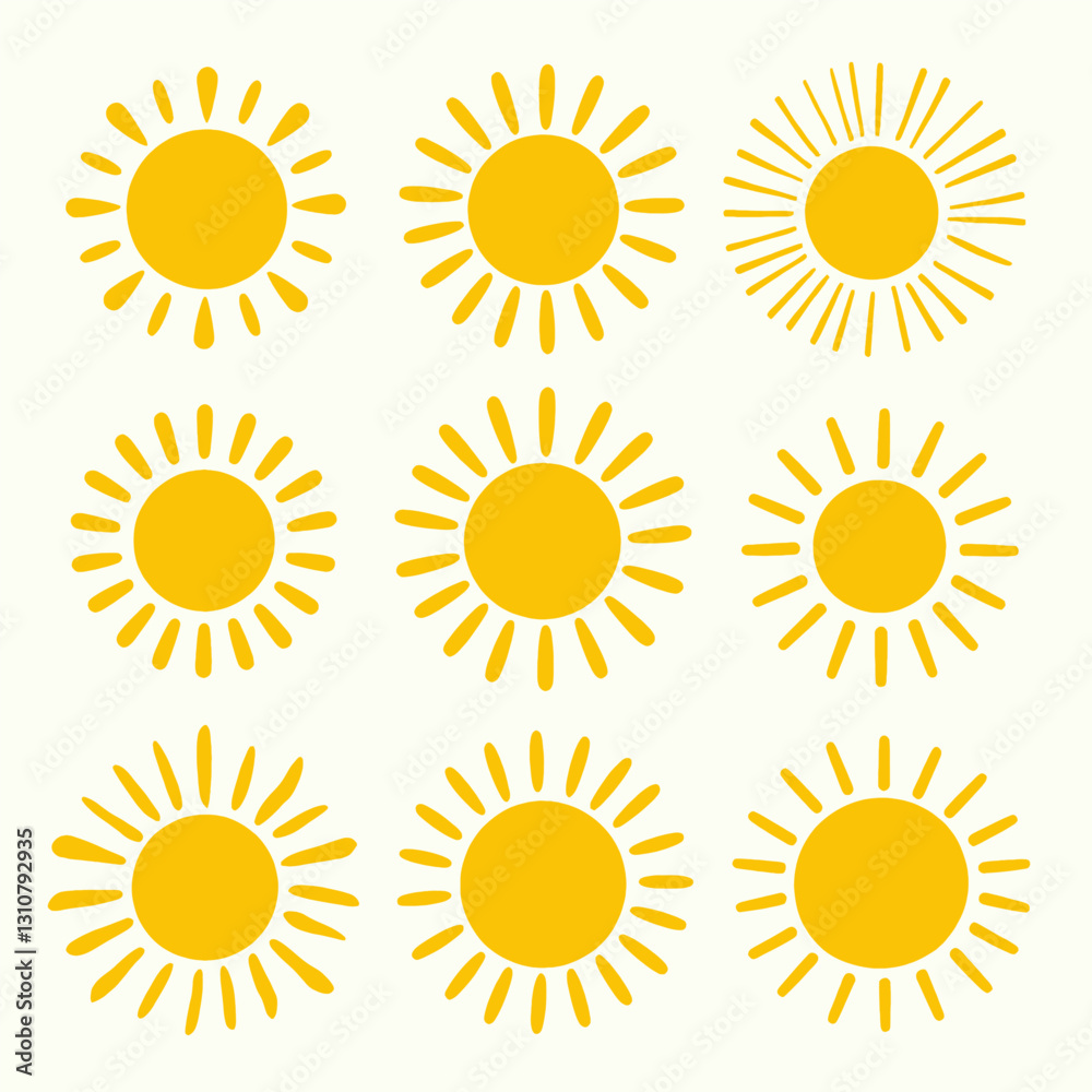 Nine yellow sun icons of varying ray styles Nine yellow sun icons of varying ray styles
