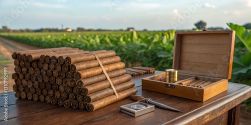Cigars and tobacco leaves on a wooden table in a sunlit field during late afternoon