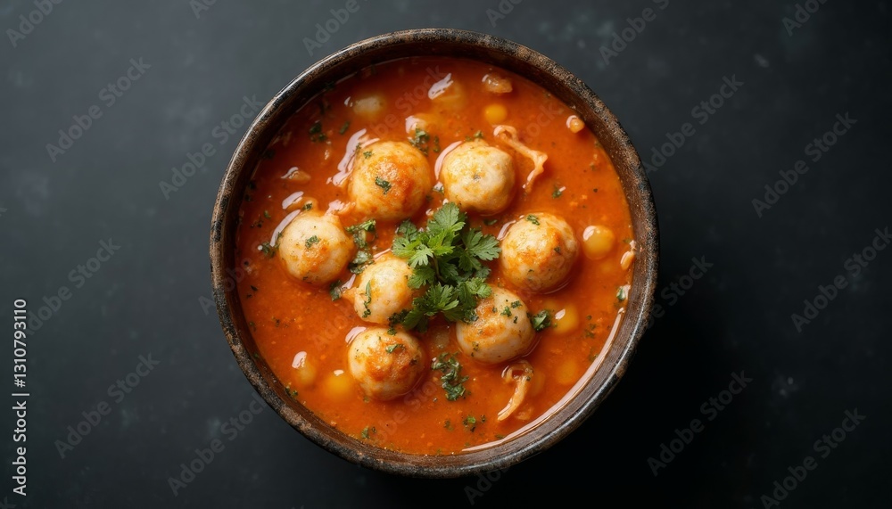 Cozy bowl of flavorful tomato soup with fluffy dumplings and herbs garnishing Cozy bowl of flavorful tomato soup with fluffy dumplings and herbs garnishing