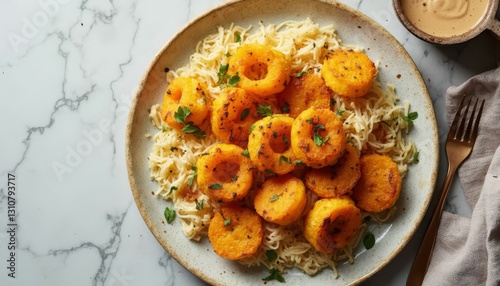 Delectable butternut squash rings atop angel hair pasta garnished with herbs