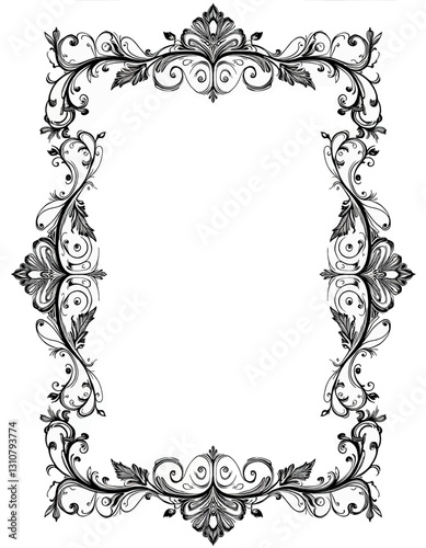 Ornate floral border frame, vintage, black and white
