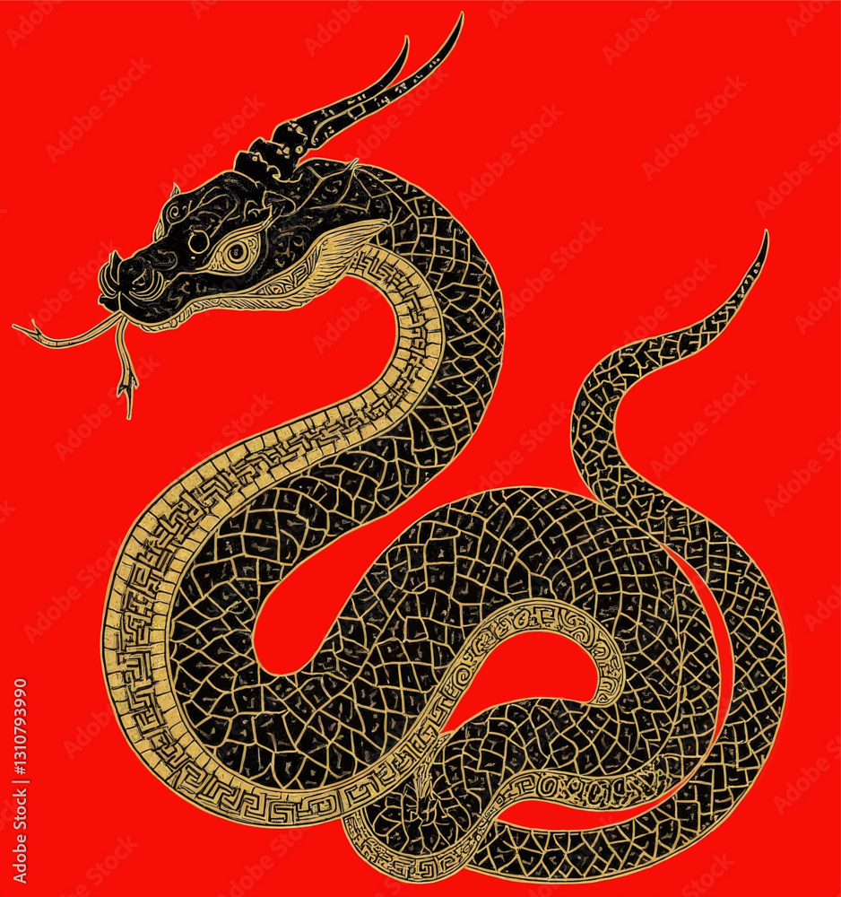 Obraz premium Ornate Black and Gold Horned Snake on Red Background