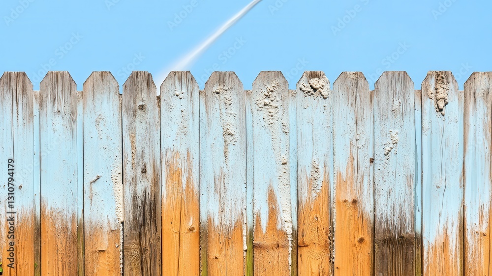Fototapeta premium Detailed Wooden Fence with Weathered Paint Against Blue Sky Background