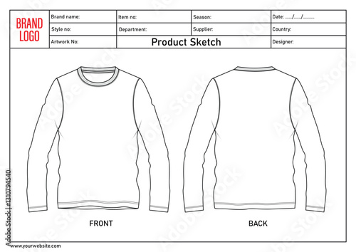 Long sleeve t shirt technical drawing fashion flat sketch vector illustration template with tech pack details