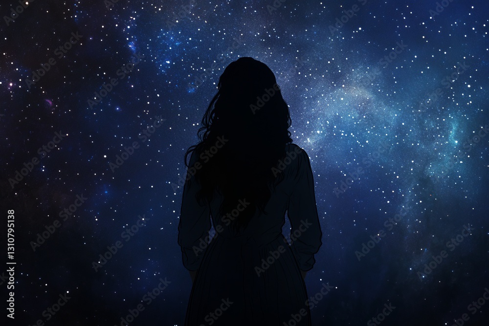Silhouette of Woman Gazing at Starry Night Sky with Galaxies Silhouette of Woman Gazing at Starry Night Sky with Galaxies