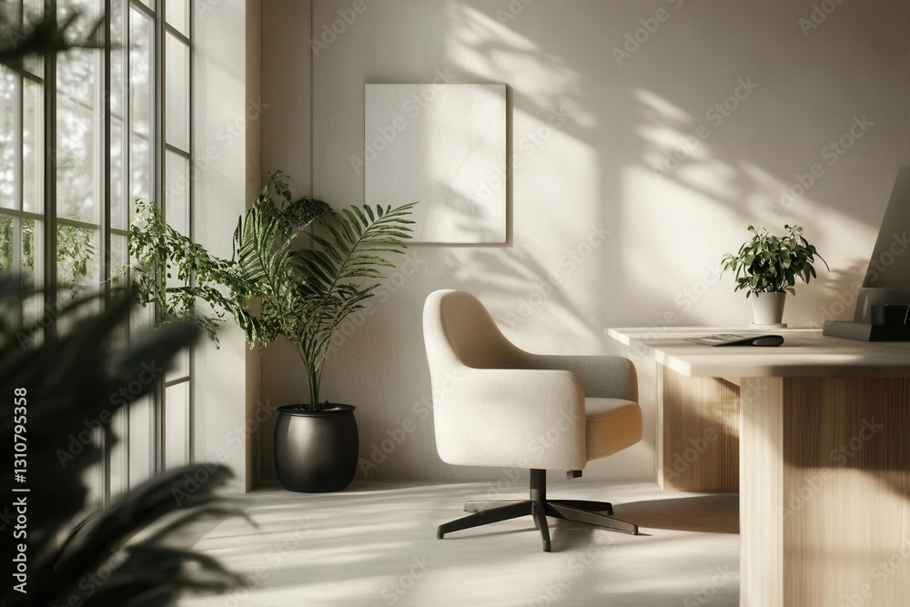 Fototapeta premium a tranquil minimalist office space with soft natural lighting, muted color palette, and intentional blur effect creating depth and serenity, emphasizing ergonomic furniture and plant accents
