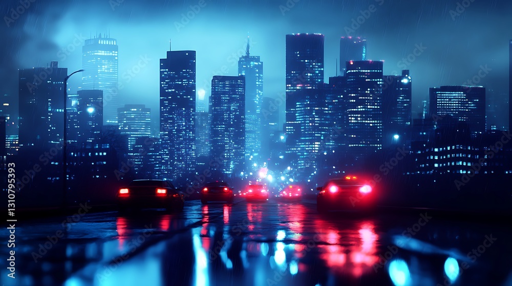 A moody cityscape at night with glowing lights and wet streets. A moody cityscape at night with glowing lights and wet streets.