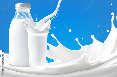 Blank milk carton mockup realistic white milk splash flowing yogurt cream isolated on background Vector Mesh gradient wes used