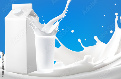 Blank milk carton mockup realistic white milk splash flowing yogurt cream isolated on background Vector Mesh gradient wes used