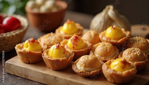 Delicious assorted savory tarts with various toppings presented on a wooden board photo
