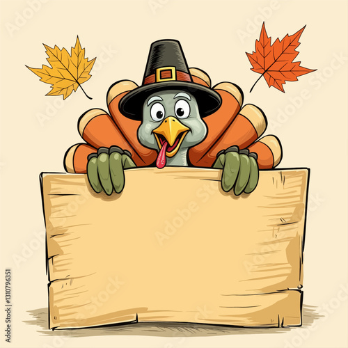 Pilgrim Turkey Cartoon Holding Wooden Sign with Autumn Leaves