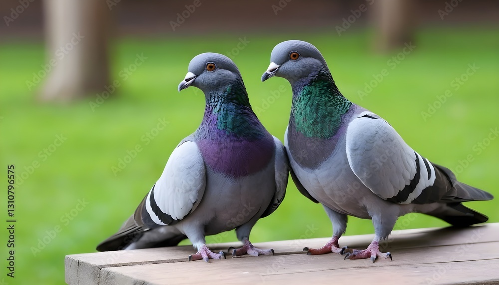Obraz premium Two Pigeons Together on a Wooden Bench