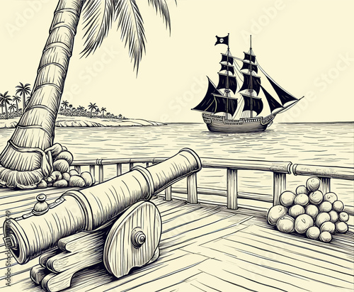 Pirate ship at sea with cannon on tropical island dock