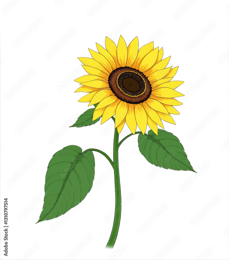 Obraz premium Radiant Sunflower with Green Stem and Leaves on White