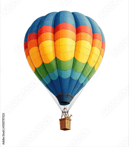 Rainbow-striped hot air balloon with basket on white