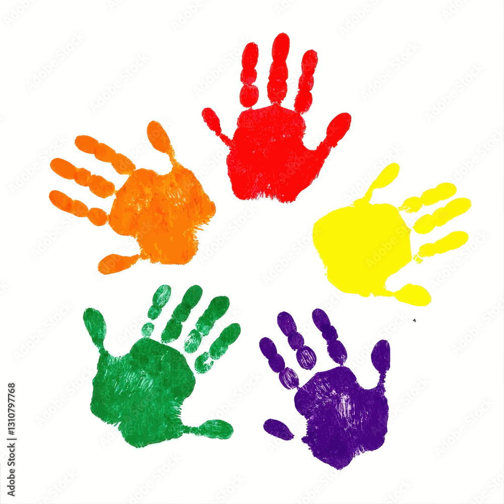 Rainbow handprints circle on white background Rainbow handprints circle on white background
