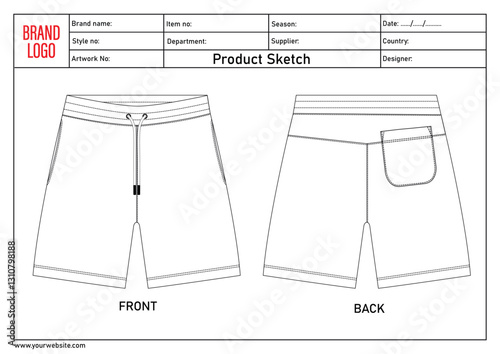 Shorts pant technical drawing template with tech pack details