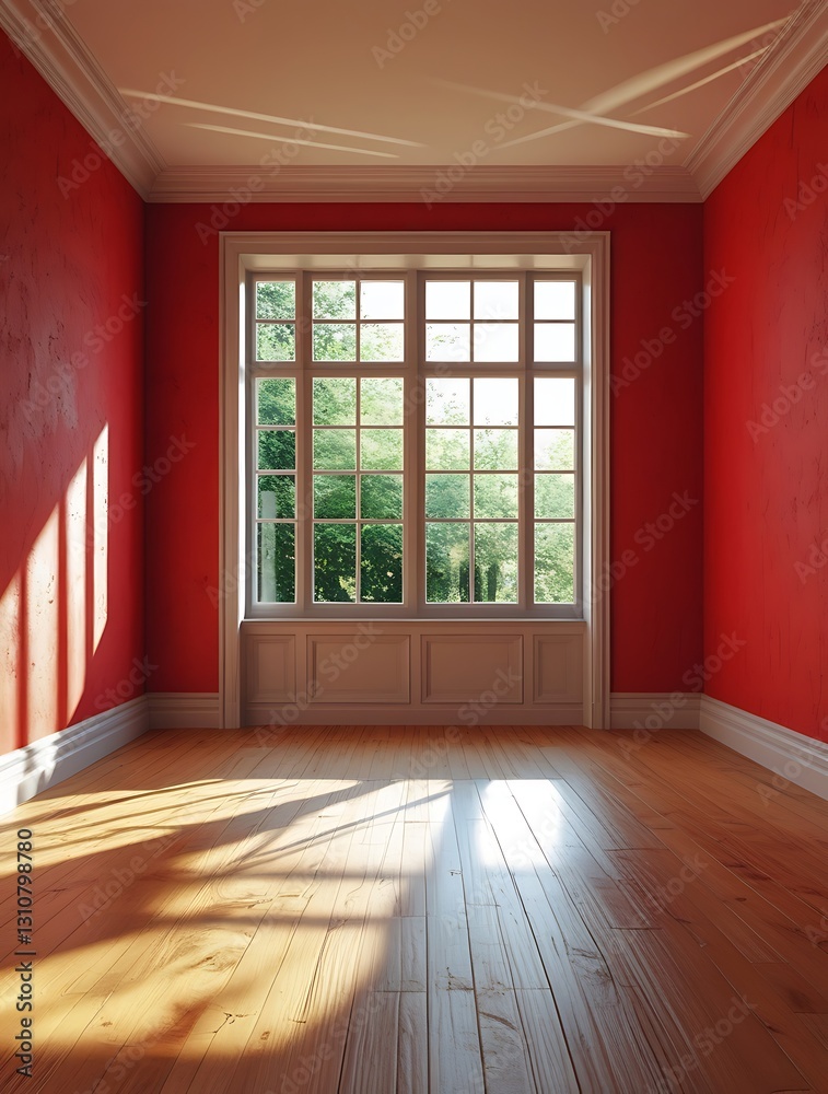 Obraz premium Spacious empty room with red walls, wooden floor, and large window letting in natural sunlight. Classic interior with elegant molding and vintage aesthetic, ideal for backgrounds 