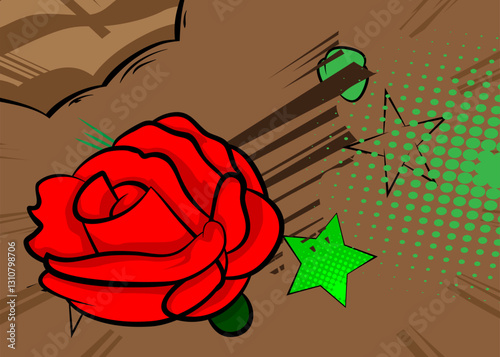 Cartoon Red Rose, comic book Holiday. Retro vector comics pop art design.