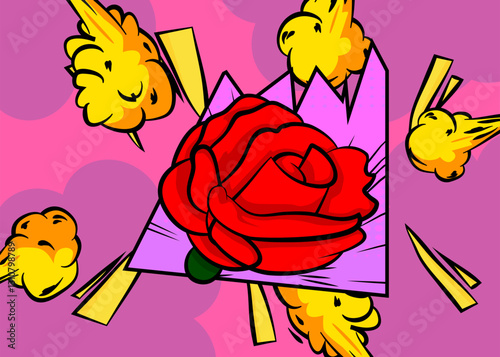 Cartoon Red Rose, comic book Holiday. Retro vector comics pop art design.