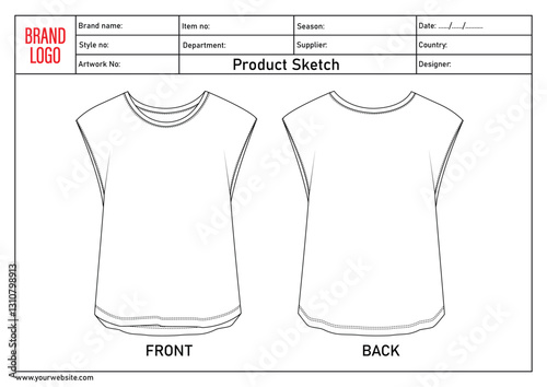 Ladies t shirt technical drawing fashion flat sketch vector illustration template with tech pack details