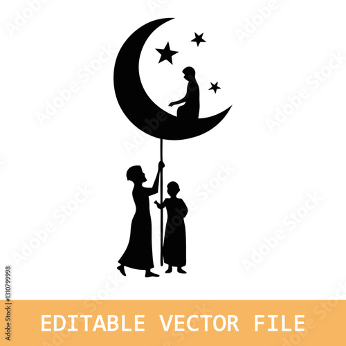 Eid Mubarak card with Mosque silhouette with candle light,Muslim man and woman making a supplication (salah),Ramadan or Ramazan Kareem background for Eid Ul Fitr or Ul Adha.