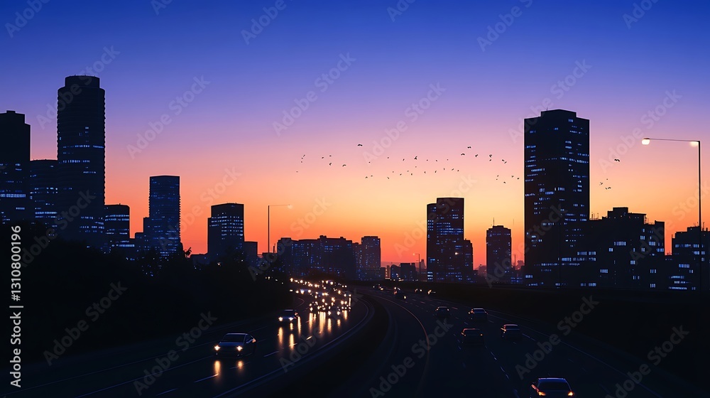 Fototapeta premium A city skyline at sunset with traffic and birds flying in the sky.