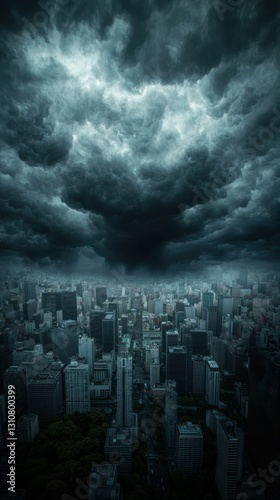 dark storm cloud looms ominously over city skyline, creating dramatic and foreboding atmosphere