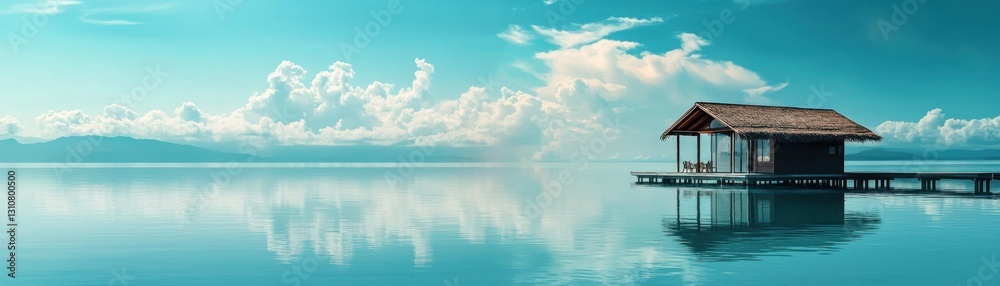 A tranquil lakeside scene featuring a wooden cabin on stilts, surrounded by reflective water and a serene blue sky dotted with clouds. A tranquil lakeside scene featuring a wooden cabin on stilts, surrounded by reflective water and a serene blue sky dotted with clouds.
