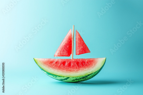 A watermelon slice shaped like a sailboat sailing on a blue background. photo