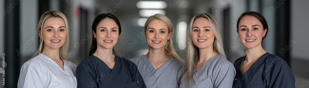 group of smiling nurses in scrubs standing in hospital hallway, showcasing teamwork and professionalism group of smiling nurses in scrubs standing in hospital hallway, showcasing teamwork and professionalism