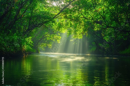 A tranquil forest scene with sunlight filtering through lush green leaves, reflecting on a calm river surface.