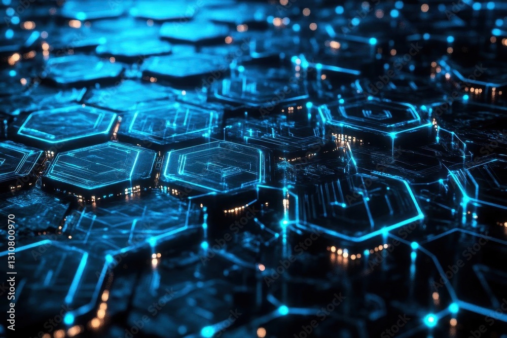 Fototapeta premium abstract digital landscape with interlocking hexagonal circuits in electric blue and cyan, pulsing with data streams and connection points against a midnight background with depth