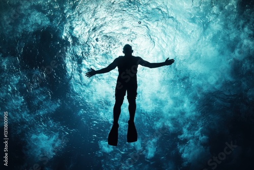 Wallpaper Mural A silhouetted diver floats beneath the surface of shimmering blue water, creating a serene and tranquil underwater scene. Torontodigital.ca