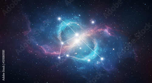 Celestial Constellation Against a Cosmic Nebula Background. A captivating image showcasing a constellation, likely Cassiopeia or a similar star pattern, outlined against a vibrant, colorful nebula
