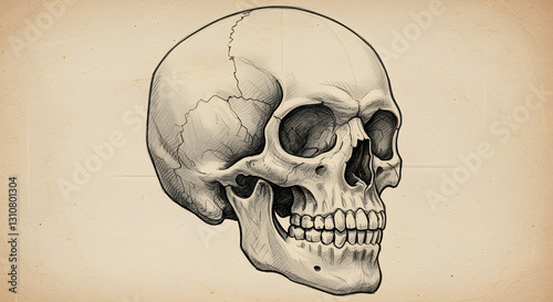 Detailed Anatomical Drawing of a Human Skull. A meticulously detailed, artistic drawing of a human skull, rendered in grayscale