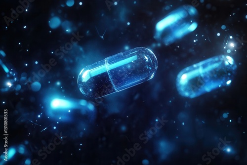 Glowing blue capsules emit soft light in a dark environment, creating a captivating digital futuristic atmosphere with an abstract medical design