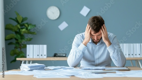 stressed businessman sits at desk cluttered with paperwork, overwhelmed by financial challenges