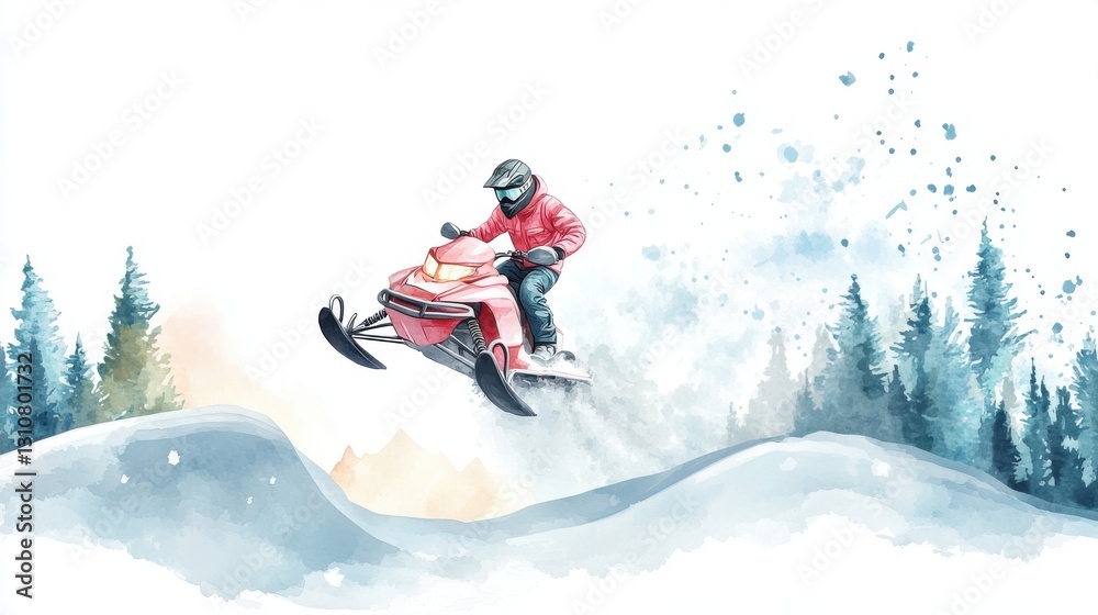 A vibrant depiction of a snowmobiler soaring over a snowy landscape, surrounded by trees, capturing the thrill of winter sports. A vibrant depiction of a snowmobiler soaring over a snowy landscape, surrounded by trees, capturing the thrill of winter sports.