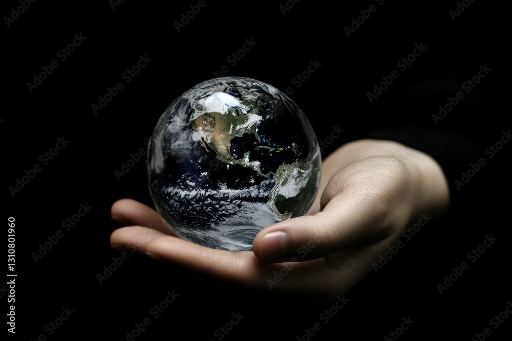 Hand Holding Glass Globe with Earth and Ocean Realistic Details Hand Holding Glass Globe with Earth and Ocean Realistic Details