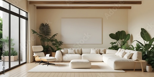 Wallpaper Mural Modern minimalist living room with natural light, featuring a white sectional sofa, wooden beams, indoor plants, and large windows creating a serene and cozy atmosphere

 Torontodigital.ca